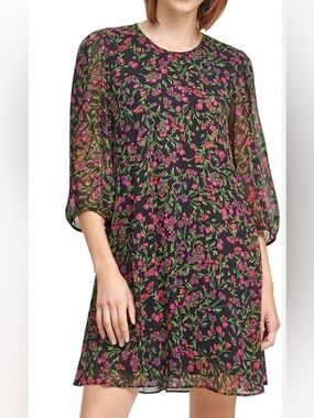 Black Floral Chiffon A-Line Dress - Pink & Green Print
